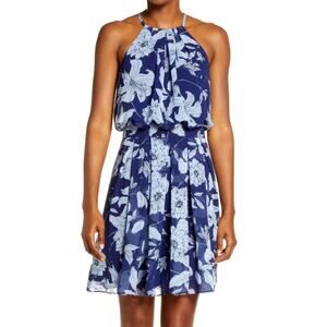 Eliza J NWT Floral Print Halter Dress Navy Blue Mini Lined Chiffon Sz 8